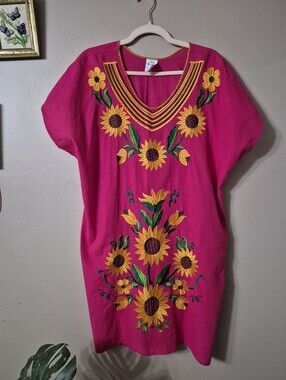 Embroidered Sunflower Mexican Midi Dress - Fuchsia